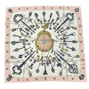Hermès Paris “Les Clés” Silk Scarf in Pink / Ivory